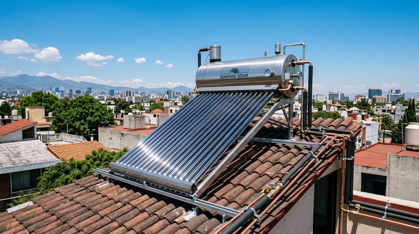 Calentador solar de tubos de vacío instalado en azotea residencial en Tláhuac Ciudad de México